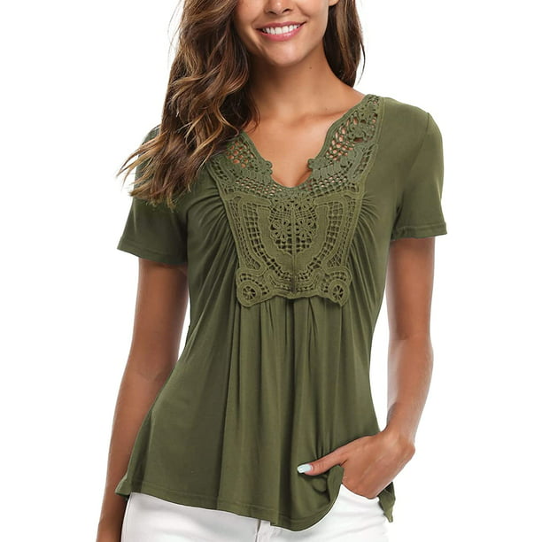 MISS MOLY Peasant Tops for Women Ruched Front Lace V Neck Cute Peplum Shirt Tees 